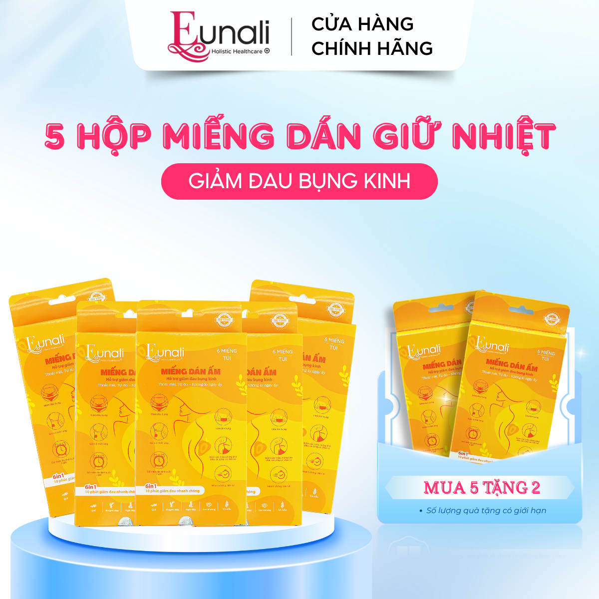 [COMBO MUA 5 TẶNG 2] Miếng Dán Giữ Nhiệt Giảm Đau Bụng Kinh EUNALI – Túi 6 Miếng | Ấm Bụng Lâu, Giảm Đau Nhanh